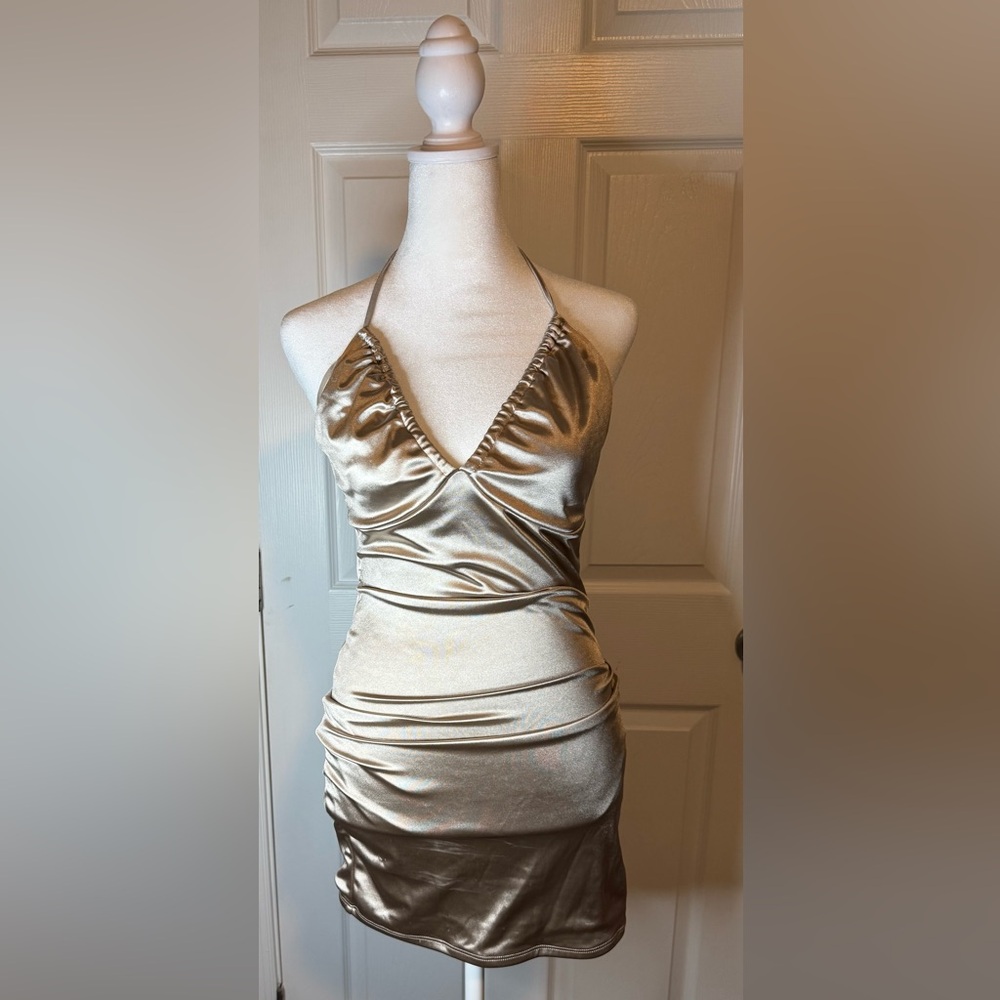 Garage Shimmering Gold Satin Halter Dress